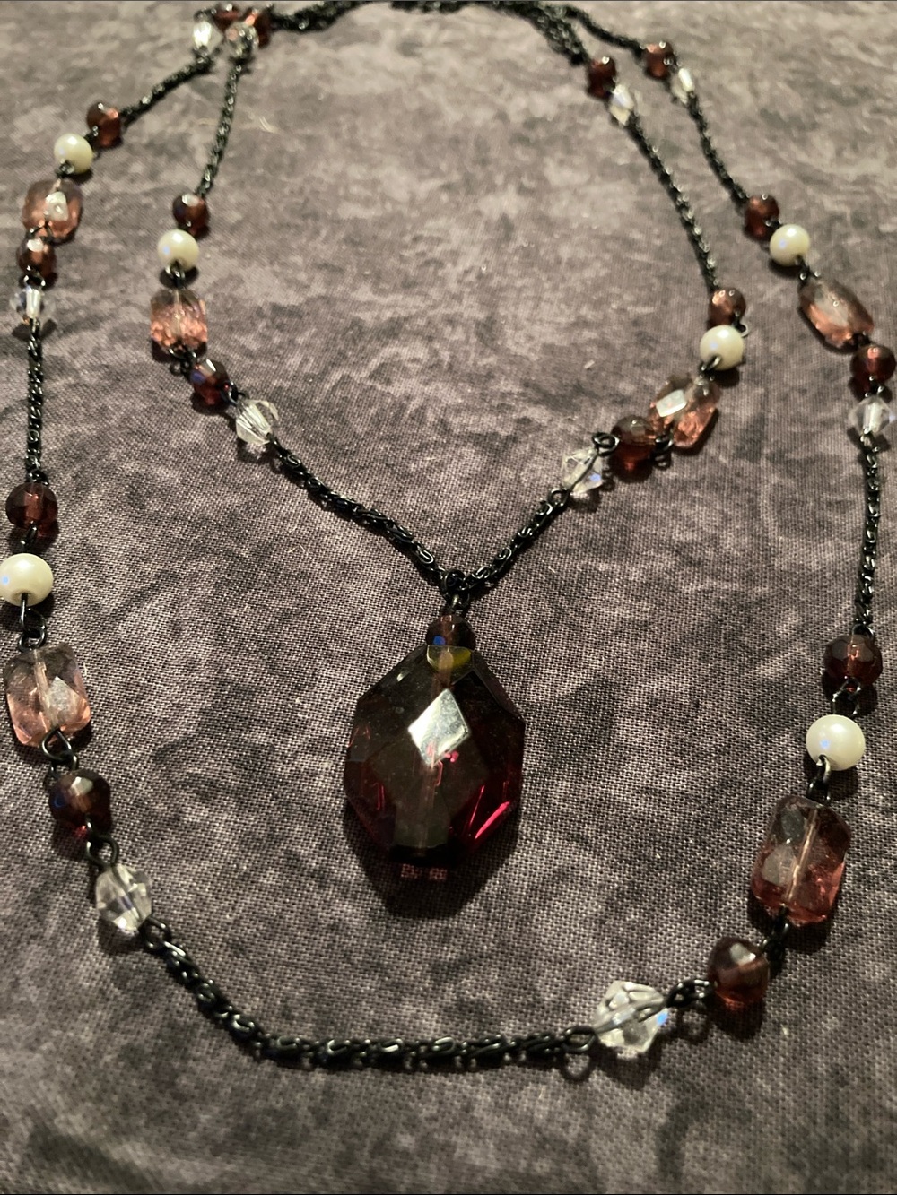 Faceted Garnet-Red Colored Pendant Layered Necklace - Women Jewelry